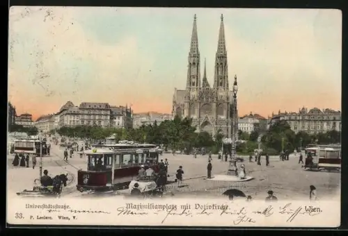 AK Wien, Maximilianplatz mit Universiätsstrasse, Votivkirche und Strassenbahnen
