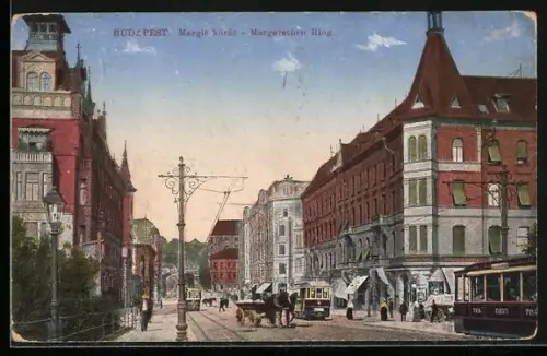 AK Budapest, Strassenpartie am Margarethenring, Strassenbahn