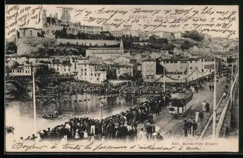 AK Beziers, Fette Venitienne sur l`Orb au Faubourg, Menschen um den Stadtteich versammelt, Strassenbahn