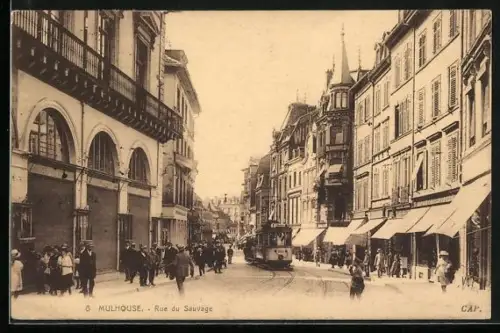 AK Mulhouse, Rue du Sauvage, Strassenbahn in Geschäftsstrasse