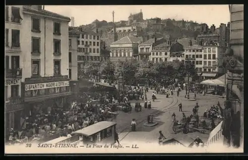 AK Saint-Etienne, La Place du Peuple, Strassenbahn