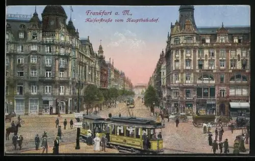 AK Frankfurt a. M., Kaiserstrasse mit Strassenbahn vom Hauptbahnhof gesehen