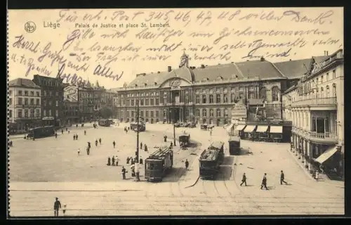 AK Liege, Palais de Justice et place St. Lambert, Strassenbahn