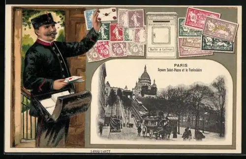Passepartout-Lithographie Paris, Square Saint-Pierre et le Funiculaire, Postbote, Briefmarken