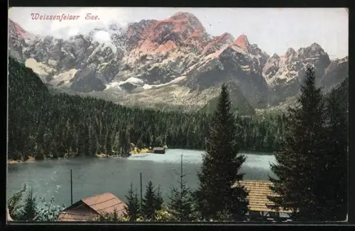 AK Tarvis, Weissenfelser-See, Panorama mit See und Gebirge im Abendlicht