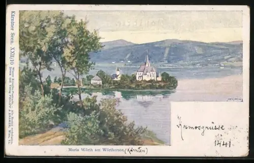 Künstler-AK Philipp + Kramer Nr. XXII /10: Maria Wörth am Wörthersee, Uferpartie mit Blick zur Kirche