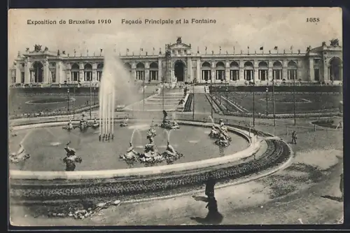 AK Bruxelles, Exposition 1910, Facade Principale et la Fontaine