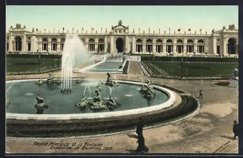 AK Bruxelles, Exposition de 1910, Facade Principale et la Fontaine