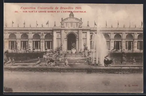 AK Bruxelles, Exposition Universelle 1910, Vue sur le Grand Bassin et l`Entrée Centrale
