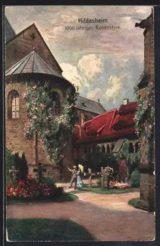 Künstler-AK Hildesheim, am 1000jährigen Rosenstock