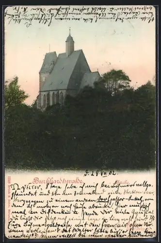 AK Burkhardtswalde / Meissen, Kirche mit Bäumen
