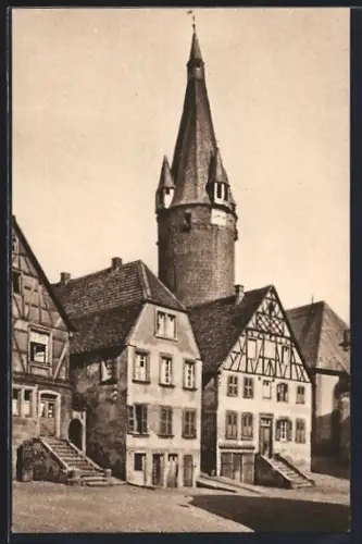 AK Ottweiler, Partie mit Fachwerkhaus und alten Turm