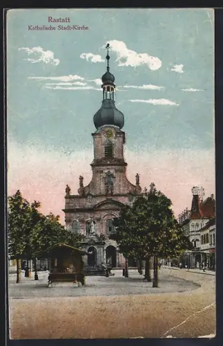 AK Rastatt, Katholische Stadt-Kirche mit Vorplatz
