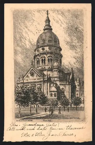 Künstler-AK Mainz, Die Christuskirche mit Umgebung