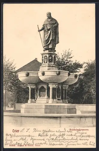 AK Trier, Der Balduinsbrunnen mit Statue