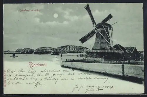 Mondschein-AK Dordrecht, Spoorbrug en Molen