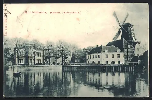 AK Gorinchem, Haven, Schutkolk, Partie mit Windmühle