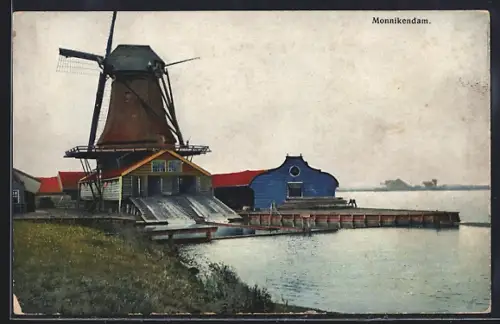 Künstler-AK Photochromie Nr. 2932: Monnikendam, Windmühle am Wasser