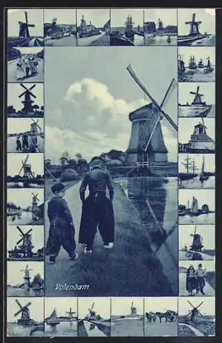 AK Volendam, Kinder am Ufer, Windmühlen, Pferdekutsche