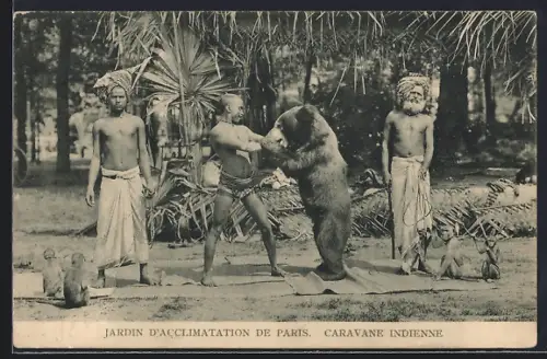 AK Paris, Jardin d`Acclimatation, Caravane Indienne, Dompteure mit Tanzbär und Affen