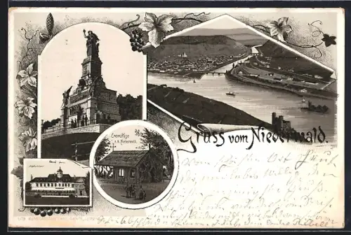 Vorläufer-Lithographie Rüdesheim am Rhein, 1895, Eremitage, Rheinansicht, National-Denkmal