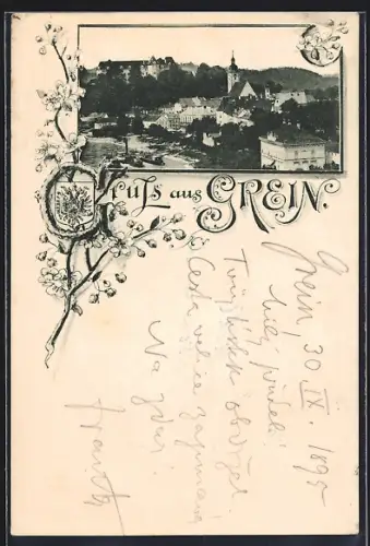 Vorläufer-AK Grein, 1895, Ortsansicht aus der Vogelschau mit Kirche, Wappen