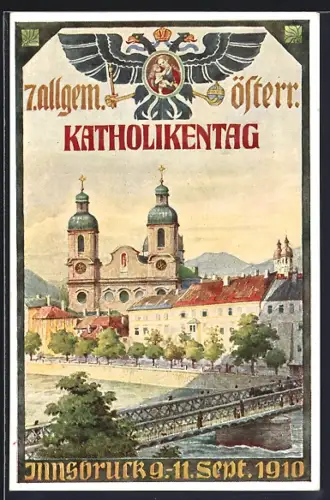 Künstler-AK Innsbruck, 7. Allgemeiner Österr. Katholikentag 1910, Ortspartie mit Blick zum Dom zu St. Jakob