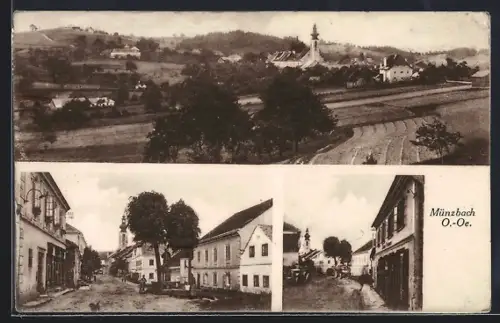 AK Münzbach /O.-Oe., Strassenpartie im Ort, Ortspanorama mit Kirche