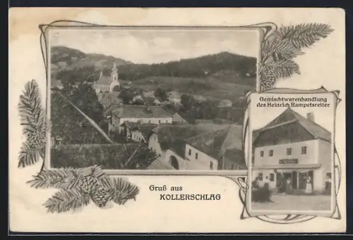 AK Kollerschlag, Gemischtwarenhandlung des Heinrich Rampetsreiter, Ortsansicht