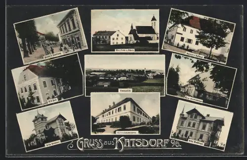AK Katsdorf /O. Ö., Café Pfeiffenberger, Ploner`s Handlung, Pfarrkirche m. Schule, Villa Buchberger