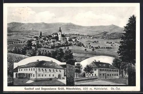 AK Altenfelden /Mühlviertel, Gasthof und Dependance Grüll, Bes. M. Brüll, Ortspanorama mit Kirche