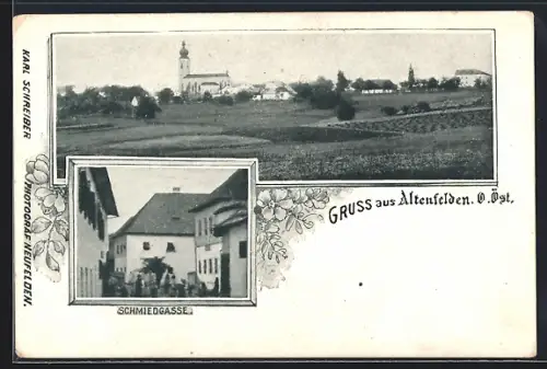 AK Altenfelden /O. Öst., Blick in die Schmiedgasse, Ortspanorama mit Kirche