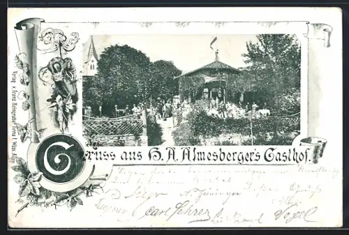 AK Aigen /O.-Oe., H. A. Almesberger`s Gasthof mit Garten