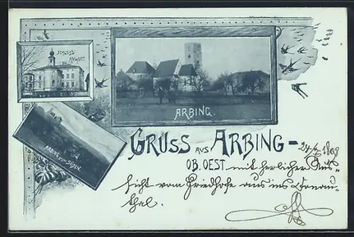 AK Arbing, Schloss Auhof, Ortsansicht gegen Süden