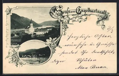 AK Engelhartszell, Seepartie mit Blick auf den Ort, Kirche aus der Vogelschau