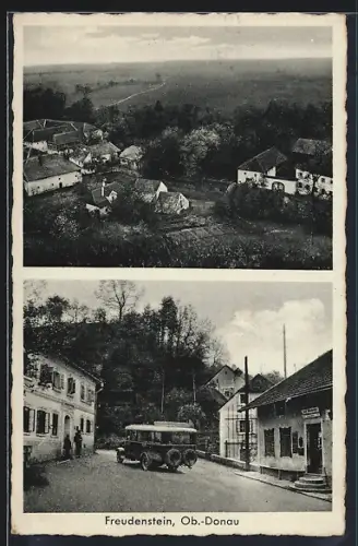 AK Feldkirchen an der Donau, Freudenstein, Bus auf einer Strasse im Ortskern, Teilansicht vom Ort