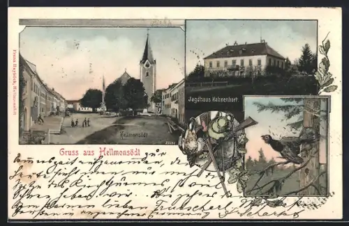 AK Hellmonsödt, Jagdhaus Hahnenhort, Platz mit Kirche, Auerhahn