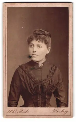 Fotografie Wilh. Biede, Nürnberg, vor dem Wöhrder Thor, Frau Reche in dunklem Kleid