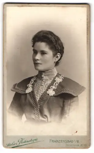 Fotografie Atelier Platinotypie, Franzensbad i. B., Parkstrasse 82-110, Frau Lenz in einem Kleid mit besticktem Kragen