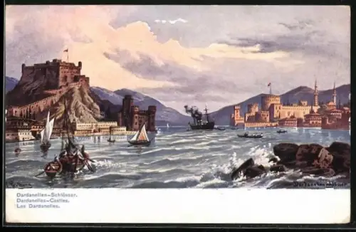 Künstler-AK Konstantinopel, Perlberg: Dardanellen-Schlösser, Segelboote, Dampfschiff, Bergpanorama