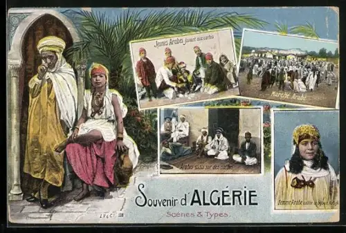 AK Algérie, Scènes et Types, Marché Arabe, Jeunes Arabes jouant aux cartes, Arabes assis sur des nattes