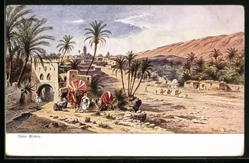 Künstler-AK Friedrich Perlberg: Biskra, Oase und Araber mit Kamelen