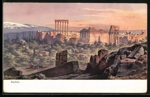 Künstler-AK Friedrich Perlberg: Baalbek, Blick auf die Ruinen der Tempelanlagen