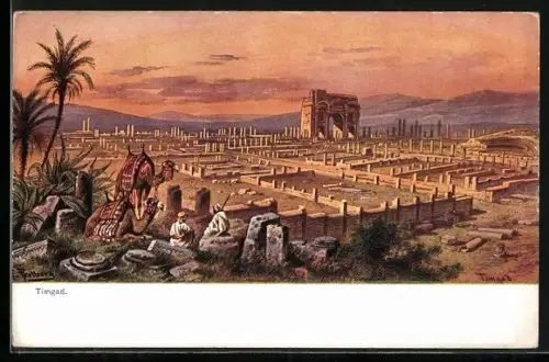 Künstler-AK Friedrich Perlberg: Timgad, Kamelreiter rasten am Rande der Tempelanlagen