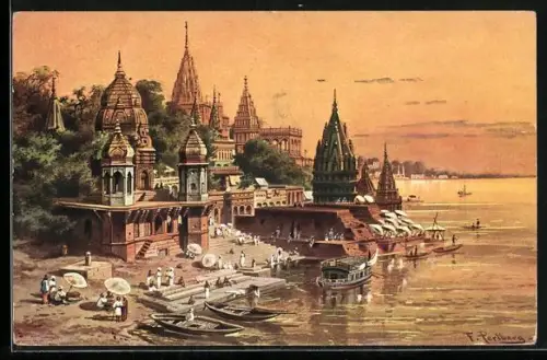 Künstler-AK Friedrich Perlberg: Benares, Stadt am Ganges