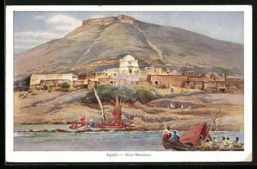 Künstler-AK Agadir, Teilansicht mit Booten