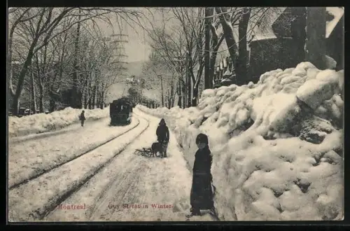 AK Montreal, Guy Street in Winter, Strassenbahn, Schlitten, Hund