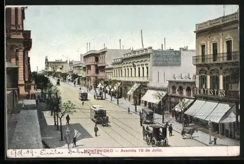 AK Montevideo, Avenida 18 de Julio, Partie mit Pferdebahn