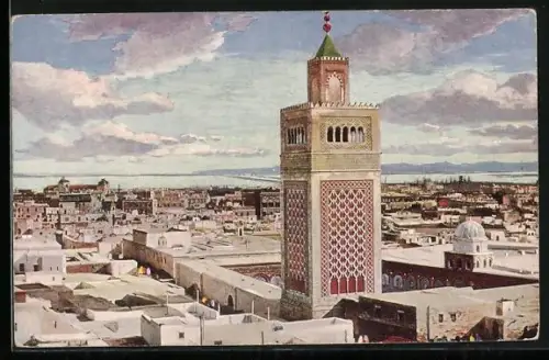 AK Tunis, Die Grosse Moschee, Häuser und Blick aufs Meer