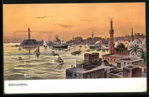 Künstler-AK F.Perlberg: Alexandria, Gesamtansicht, Boote und Schiffe